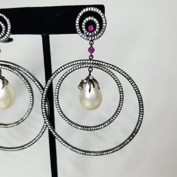 Angelique De Paris Women's Circle Earrings with Pearl Zirconia and Garnet Stone - Picture 9 of 13